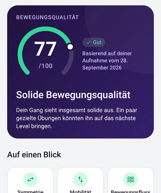 A report in the SYMYS app: movement quality 77 out of 100, rated good, with the areas at a glance