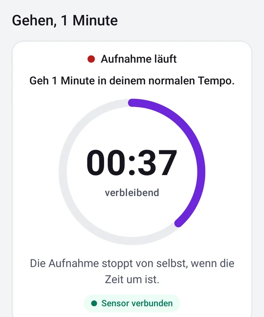 The SYMYS app during a one-minute walk: recording, 37 seconds left, sensor connected
