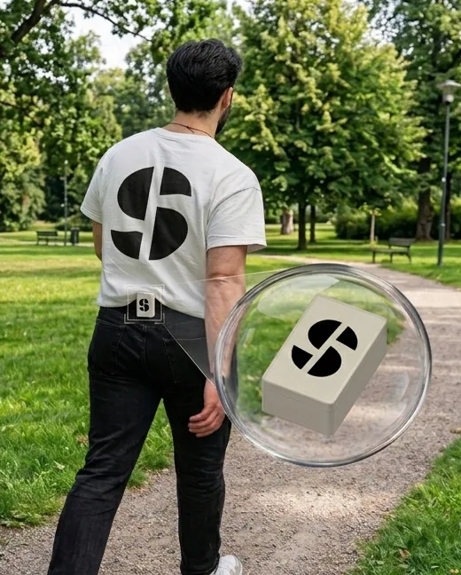 A person walking in a park with the small SYMYS sensor on the lower back; a magnifier shows the sensor up close